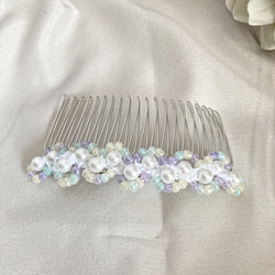 パールの爽やか色ヘアコーム　髪飾り　ヘアアクセサリー　手編み 1枚目の画像