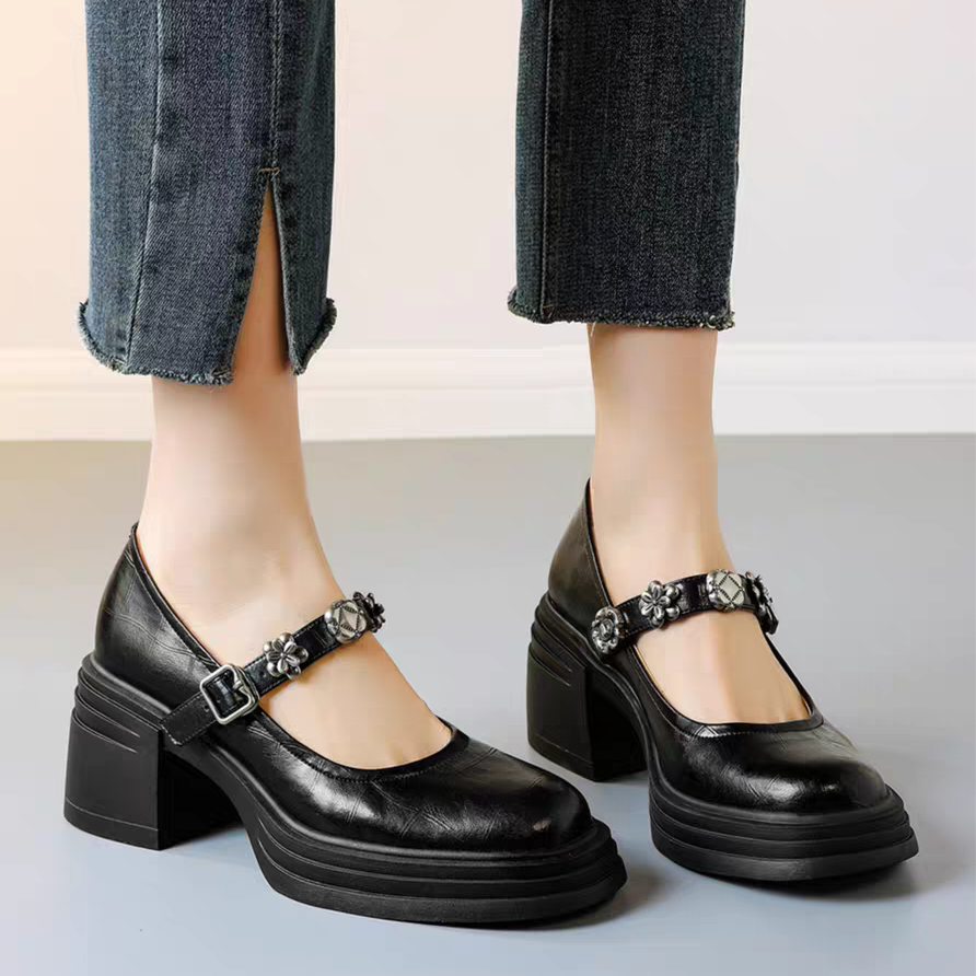 プラットフォームシューズ メリージェーンシューズ 黒 パンプス ブラック コスプレ靴 メイド靴 かわいい 厚底 シューズ