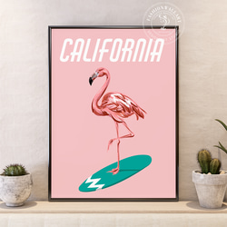 キュート ピンク フラミンゴ サーフボード California / インテリアポスター 海外アート / 5138 1枚目の画像