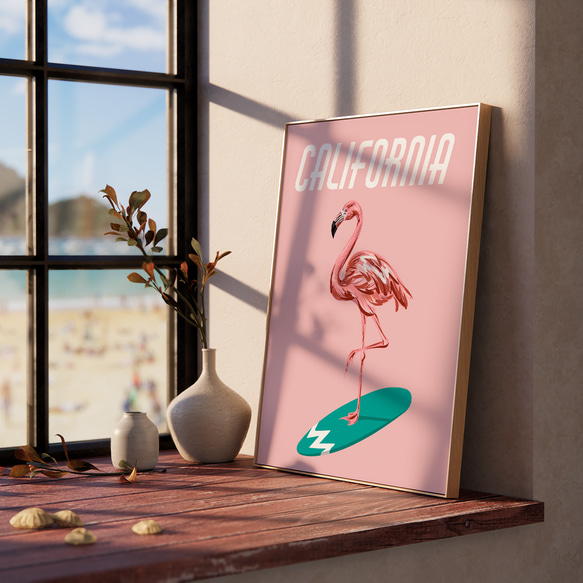 可愛粉紅火烈鳥衝浪板加州/室內海報外國藝術/5138 第7張的照片