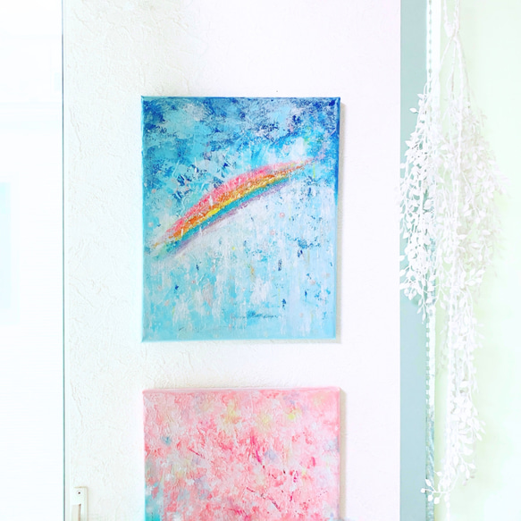 【原画】抽象画　虹と雨　約273×220mm（F3サイズ）送料無料 6枚目の画像