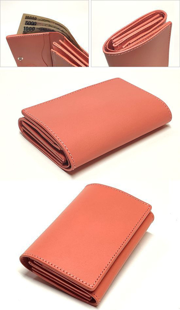 限定色 本革 ヌメ革 2つ折り財布 サドルレザー ショートウォレット ピンク 4枚目の画像