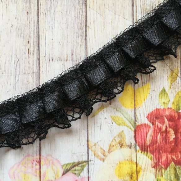 malapaレース☆17mmサテンフリルレース☆ブラック×ブラック☆50cm