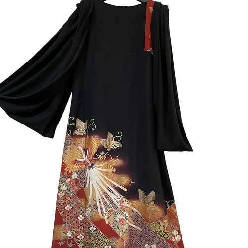 黒留袖 鳳凰絵巻物スカート 着物リメイク ※一部色褪せあり