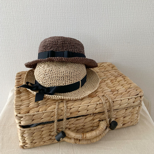 約 54～55cm】麦わら帽子 ベージュ 黒リボン エコアンダリヤ