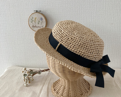約 54～55cm】麦わら帽子 ベージュ 黒リボン