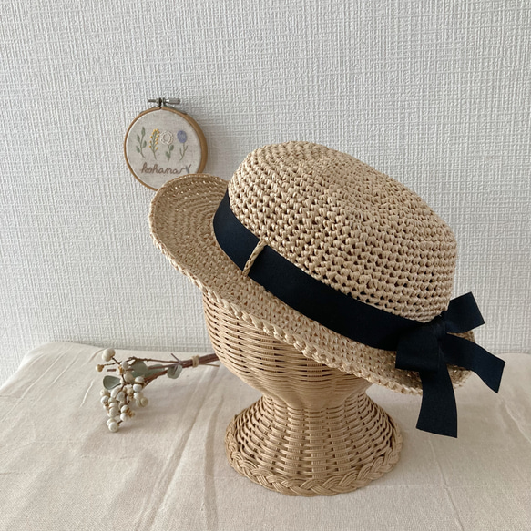 FOXEY フォクシー 麦わら帽子 帽子 黒リボン ベージュ リボン FOXEY