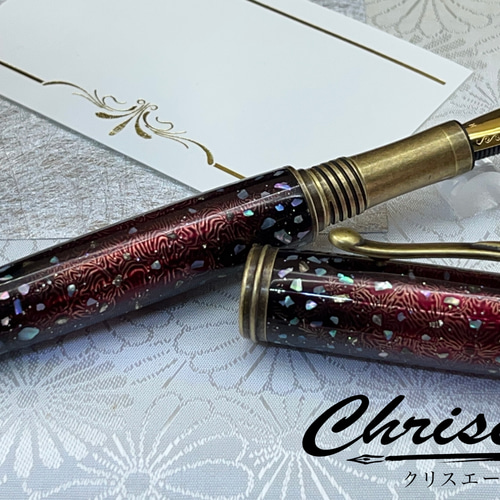 アワビ貝の破片を散りばめた螺鈿と黄鉄鉱の万年筆！ ペン・筆記用具