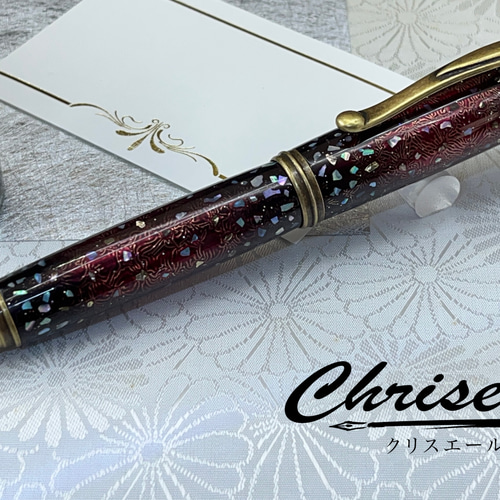 アワビ貝の破片を散りばめた螺鈿と黄鉄鉱の万年筆！ ペン・筆記用具