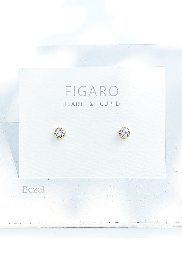 【FIGARO coco】つけっぱなしOK♡Heart ＆ Cupid♡CZダイヤモンド/ベゼル/一粒ピアス/316L 1枚目の画像