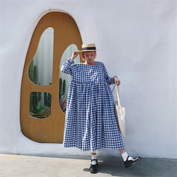 藍白格紋 色織純棉格子可愛洋裝 燈籠袖 連衣裙 第9張的照片