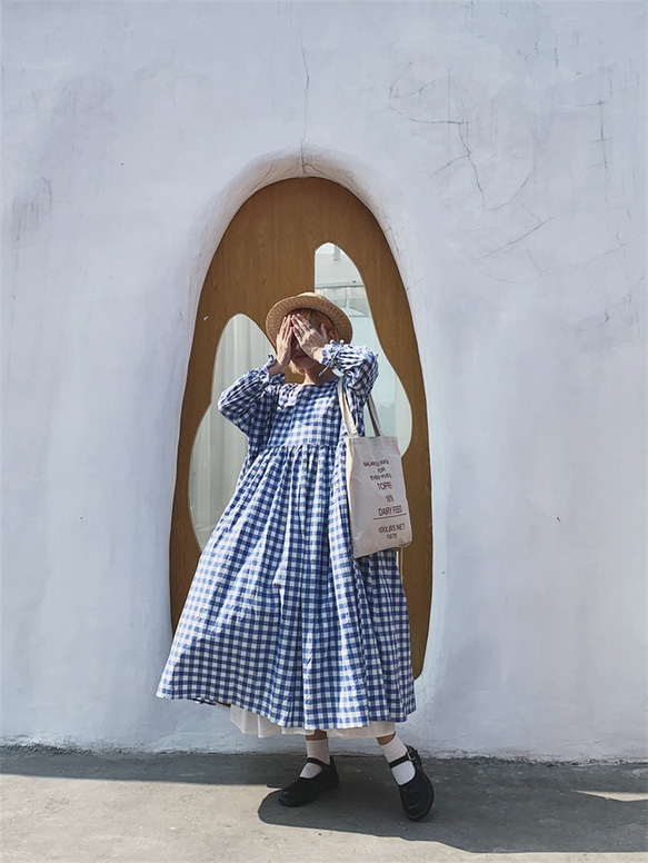藍白格紋 色織純棉格子可愛洋裝 燈籠袖 連衣裙 第2張的照片