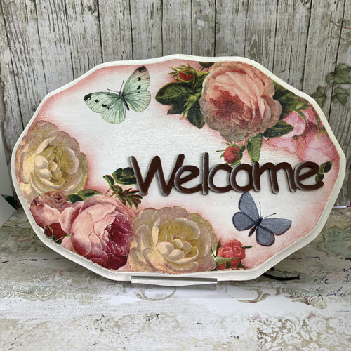 デコパージュ ꔛ‬ꕤ ガーデン雑貨 *ウエルカムボード *薔薇ピンク*リメイク デコパージュ ꔛꕤ ガーデン雑貨 *ウエルカムボード *薔薇ピンク