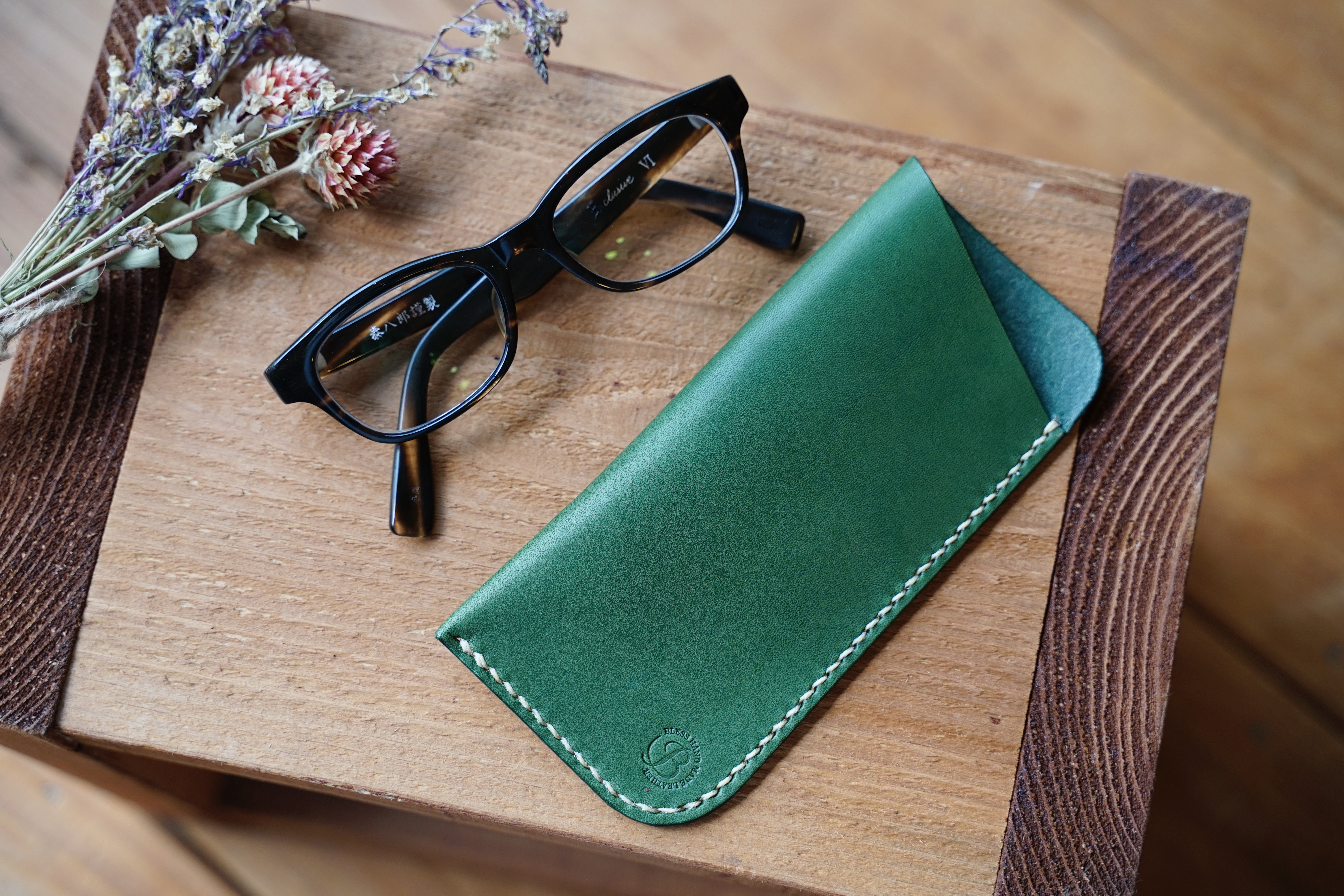 本革 めがねケース フラット・Lサイズ（グリーン）