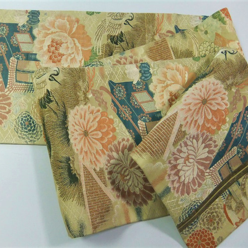 美品 高級 袋帯 正絹 全通柄 西陣織物 あさぎ ゴールド フォーマル 両面 美品 高級 袋帯 正絹 全通柄 西陣織物 あさぎ ゴールド