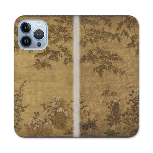 ケース　御所人形　彩 iPhoneケース 帯なし手帳型 俵屋宗雪 合歓木芥子図屏風 米