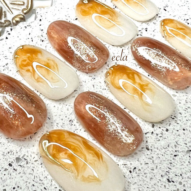 オーダーネイルチップNo.55 カフェラテ風 マーブル ぷっくり ニュアンス オーダーネイルチップNo.55 カフェラテ風 マーブル ぷっくり