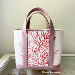トートバッグ 33×22×10cm 赤い珊瑚刺繍／アンティークピンク