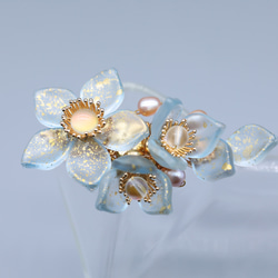 手作水藍色花朵珍珠髮夾和服配飾 第3張的照片