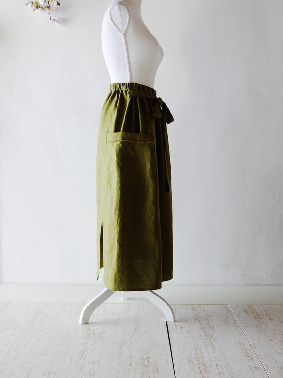 リネン100％【くったりリネンスカート】抹茶　仕事　デザインスカート 5枚目の画像