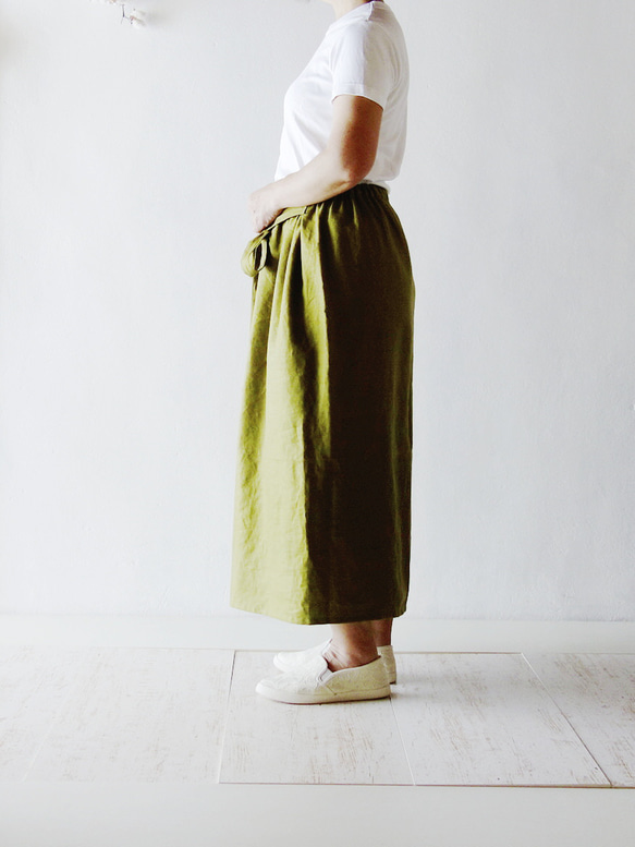 リネン100％【くったりリネンスカート】抹茶　仕事　デザインスカート 3枚目の画像