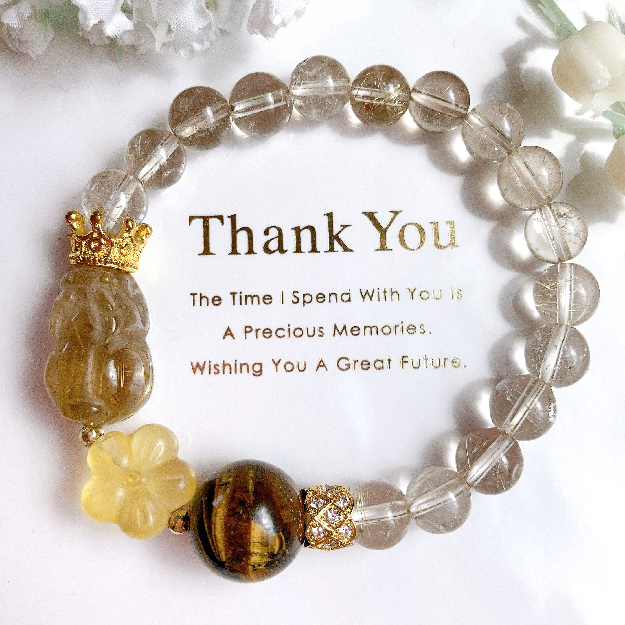 ˚✧₊⁎一点のみ˚✧₊⁎ タイチンルチルクォーツ王冠貔貅ちゃん大粒タイガーアイ天然石ブレスレット