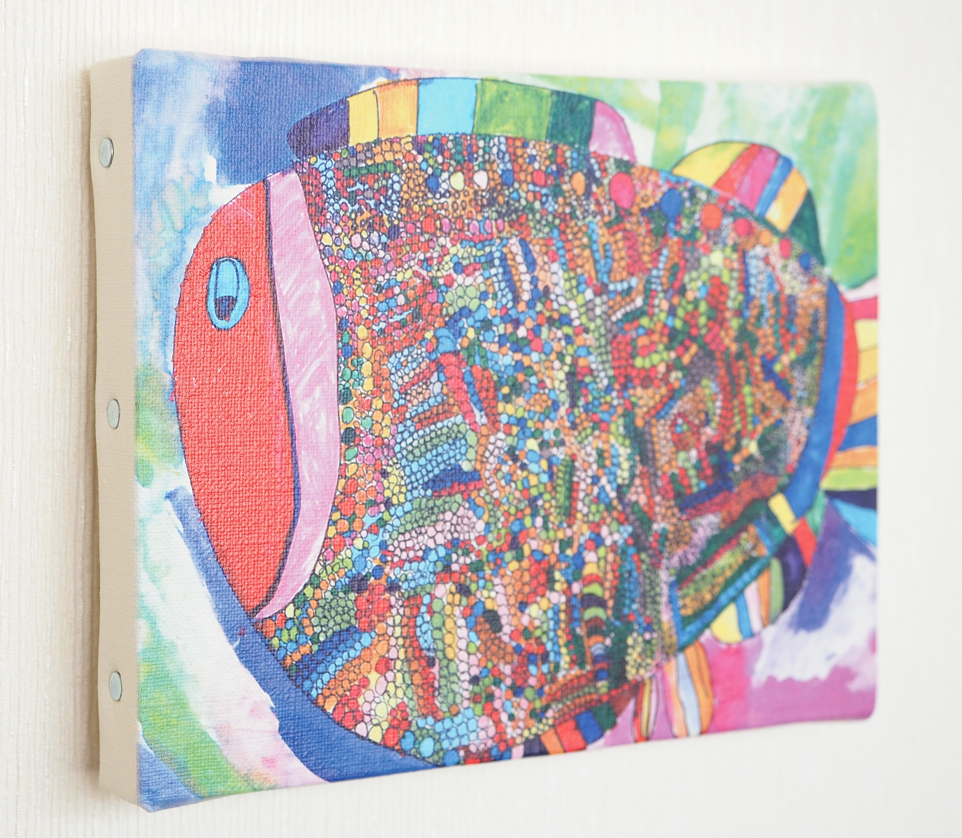 輝く高品質な 可愛い 癒し キャンバス カラフル 一点もの 原画 幸せを運ぶお魚さん 手書き 絵画