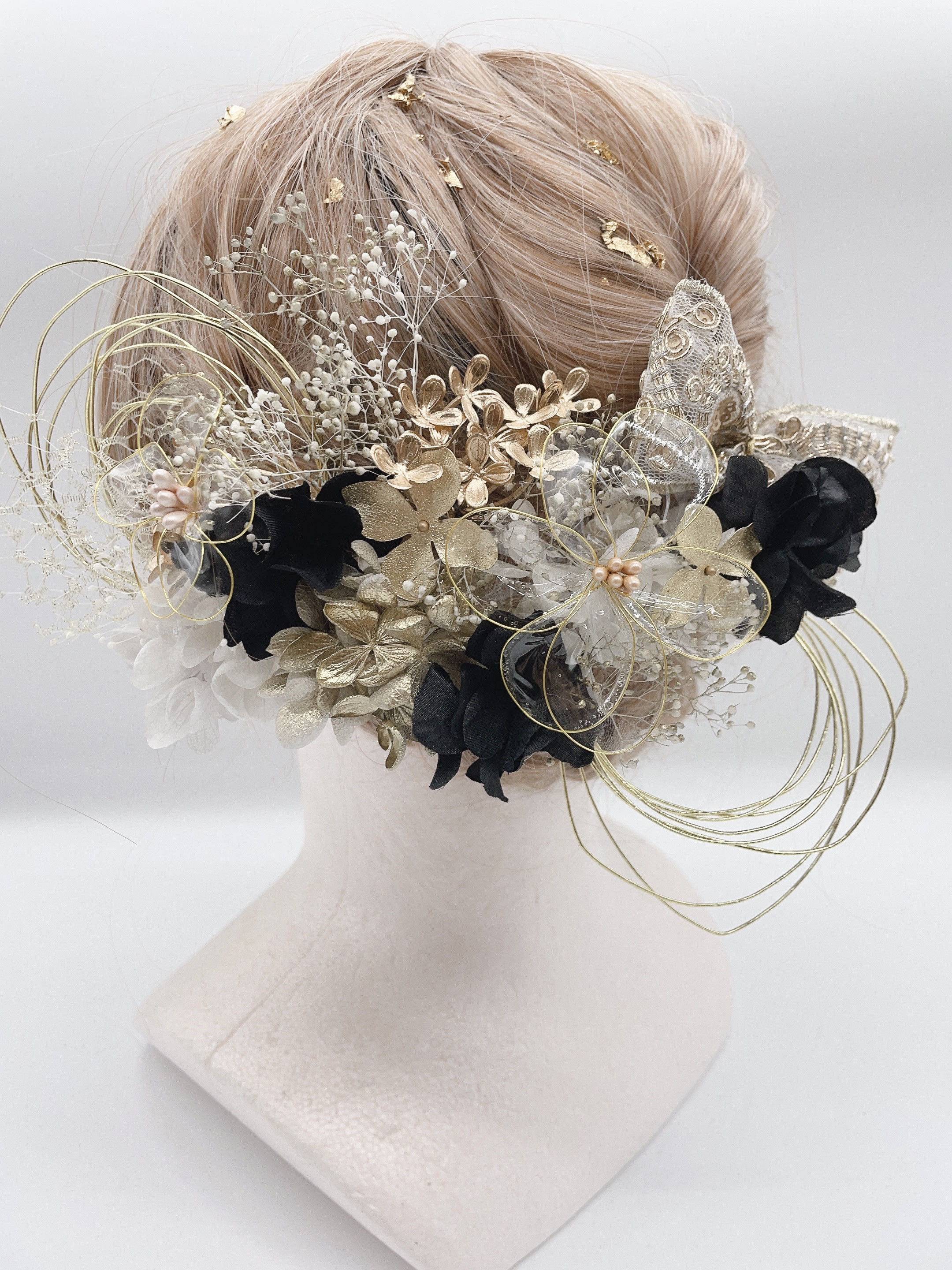 和装髪飾り　水引×金箔　ブラック　ホワイト　ゴールド