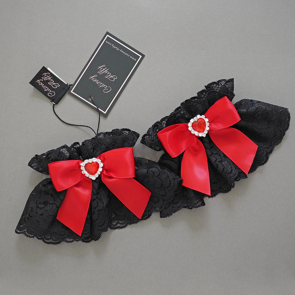 お袖留め 付け カフス 付け袖 ハートビジュー ブラックレース レッド