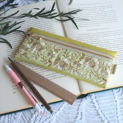 ギフトシリーズ ペンケース / 黄緑 / ミントグリーン / インド刺繍
