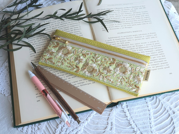 ギフトシリーズ ペンケース / 黄緑 / ミントグリーン / インド刺繍