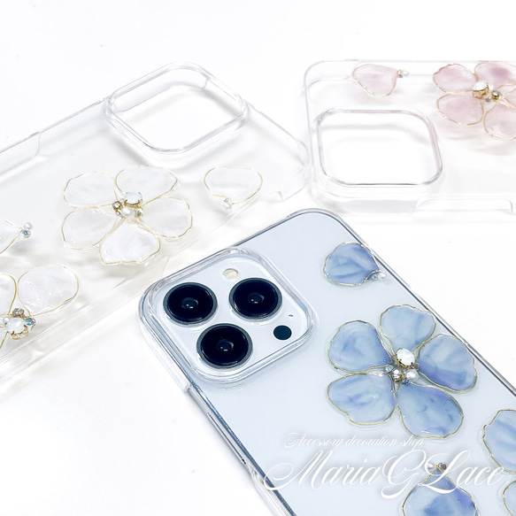 【mariaglace】Milkypearl スマホケース レジン フラワー iPhone15pro iPhone14 1枚目の画像