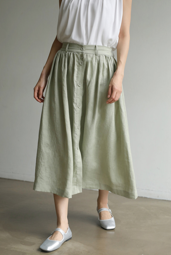 簡約時尚亞麻半身裙 100%亞麻喇叭裙 有襯裡 淺綠色 230711-3 第1張的照片