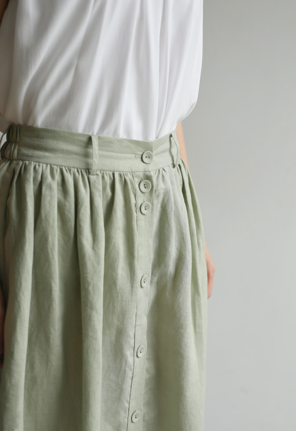 簡約時尚亞麻半身裙 100%亞麻喇叭裙 有襯裡 淺綠色 230711-3 第6張的照片