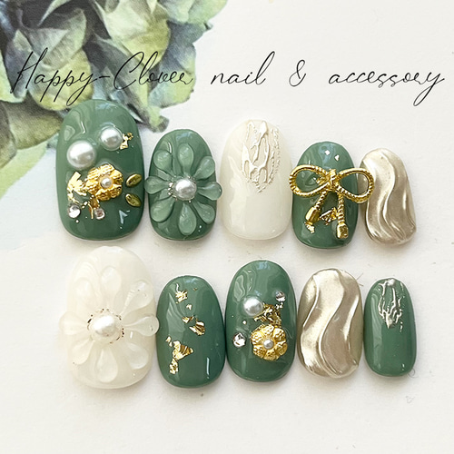 和柄ネイルチップ 黄色×緑のお着物ネイル 結婚式 成人式 卒業式