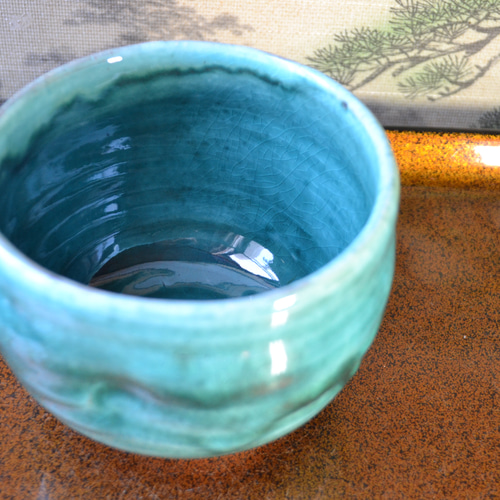 再入荷！】カフェオレボール(ターコイズブルー)えくぼ 抹茶茶碗 ☆萩焼