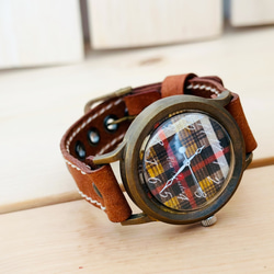 手作り腕時計　Via Aurelia(タータンチェック黄色 & 茶色) 1枚目の画像