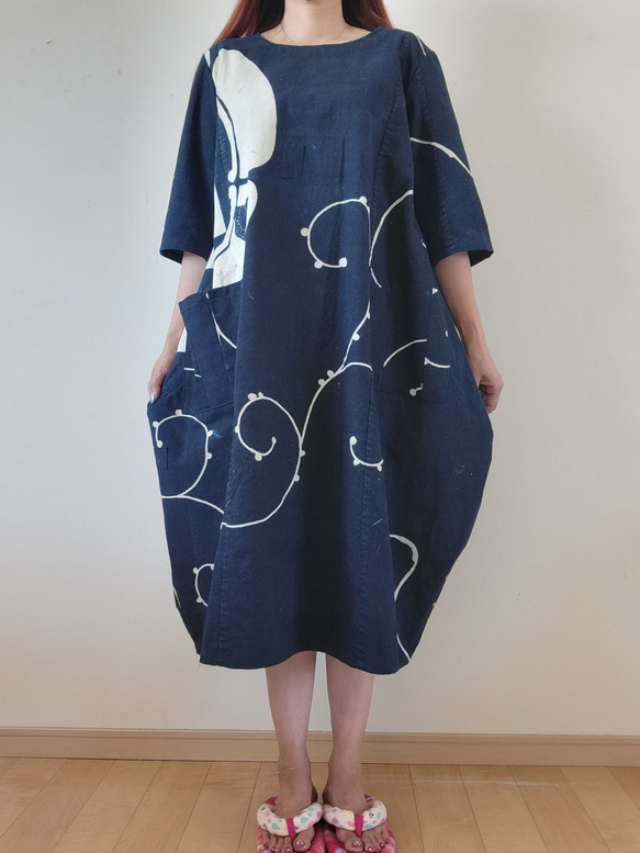 着物リメイク 古布 紋 筒描き ワンピース ワンピース