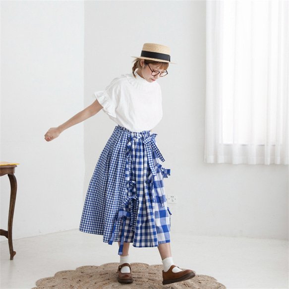ブルーレトロチェック柄デザインスカート多用途ルーズスイングスカートかわいいちょう結び 6枚目の画像