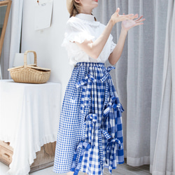 ブルーレトロチェック柄デザインスカート多用途ルーズスイングスカートかわいいちょう結び 5枚目の画像