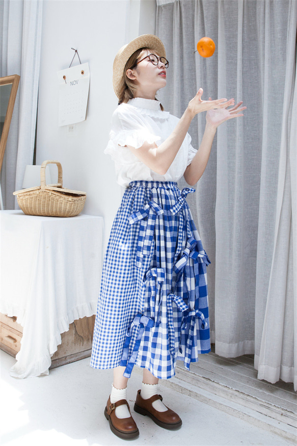 ブルーレトロチェック柄デザインスカート多用途ルーズスイングスカートかわいいちょう結び 5枚目の画像