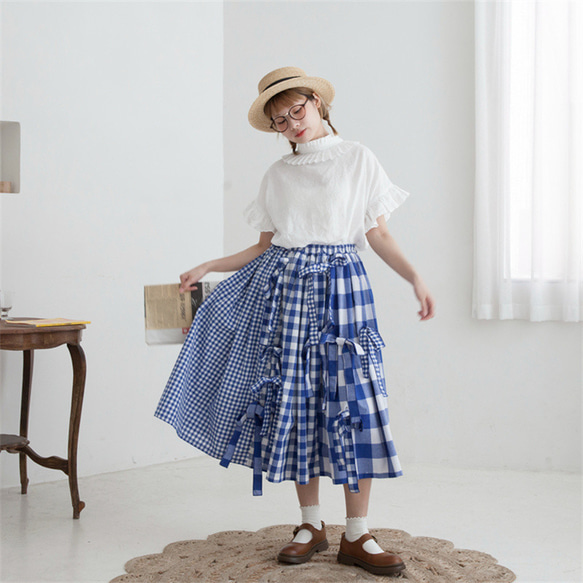 ブルーレトロチェック柄デザインスカート多用途ルーズスイングスカートかわいいちょう結び 4枚目の画像