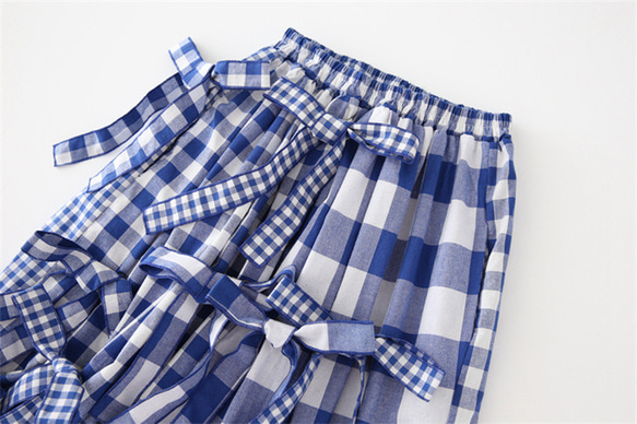 ブルーレトロチェック柄デザインスカート多用途ルーズスイングスカートかわいいちょう結び 10枚目の画像