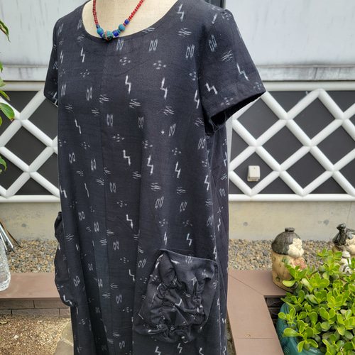 着物リメイク 手作り 本場 琉球絣 くしゅくしゅポケット ワンピース