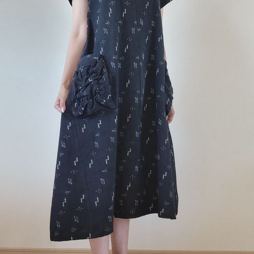 絣リメイクワンピース 着物リメイク 手作り 本場 琉球絣 くしゅくしゅポケット ワンピース