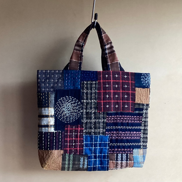 古布の縞　格子に刺し子のトートバッグ　(2) 