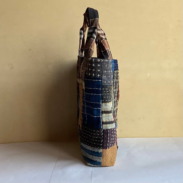 古布の縞　格子に刺し子のトートバッグ　(2) 