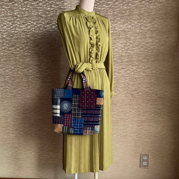 古布の縞　格子に刺し子のトートバッグ　(2) 