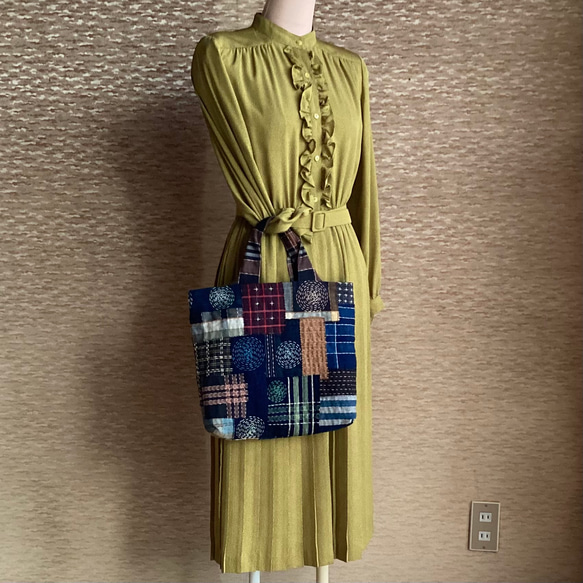 古布の縞　格子に刺し子のトートバッグ　(2) 