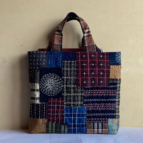 古布の縞　格子に刺し子のトートバッグ　(2) 